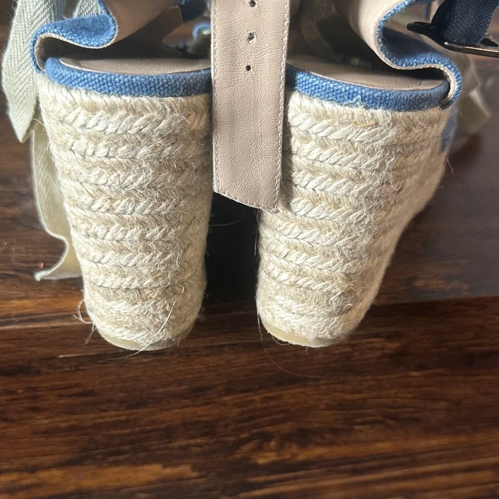 Castaner Blue Canvas Espadrille Wedge Sandals with Ankle Wrap